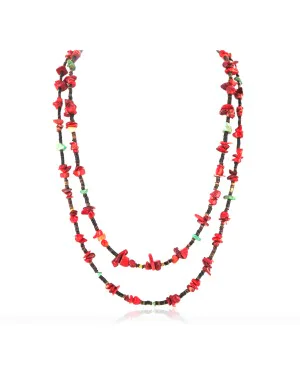 Certified Authentic 2 Strand Navajo .925 Sterling Silver Turquoise and Coral Native American Necklace 750161