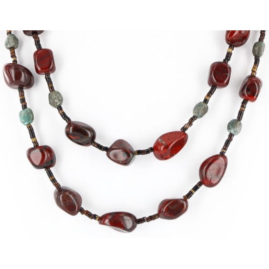 Certified Authentic 2 Strand Navajo .925 Sterling Silver Turquoise and Jasper Native American Necklace 15554-1
