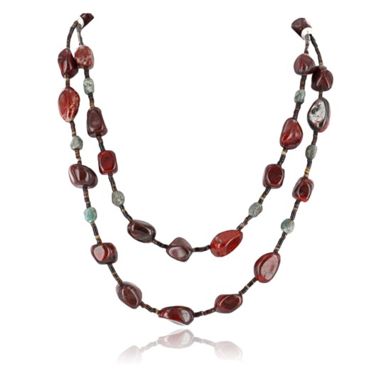 Certified Authentic 2 Strand Navajo .925 Sterling Silver Turquoise and Jasper Native American Necklace 15554-1
