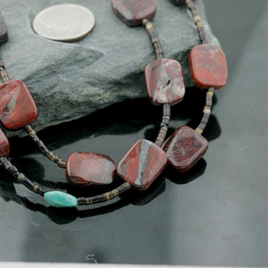 Certified Authentic 2 Strand Navajo .925 Sterling Silver Turquoise and Jasper Native American Necklace 15777-34