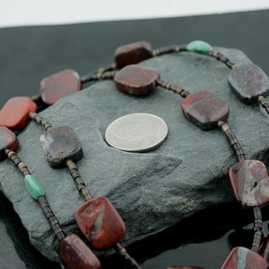 Certified Authentic 2 Strand Navajo .925 Sterling Silver Turquoise and Jasper Native American Necklace 15777-34