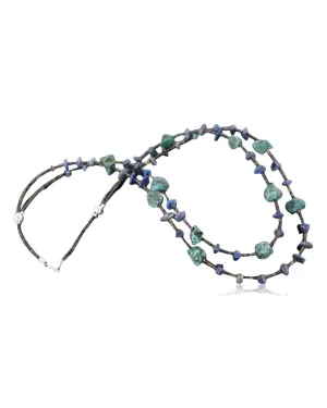 Certified Authentic 2 Strand Navajo .925 Sterling Silver Turquoise and Lapis Neckalce Native American Necklace 15585-2