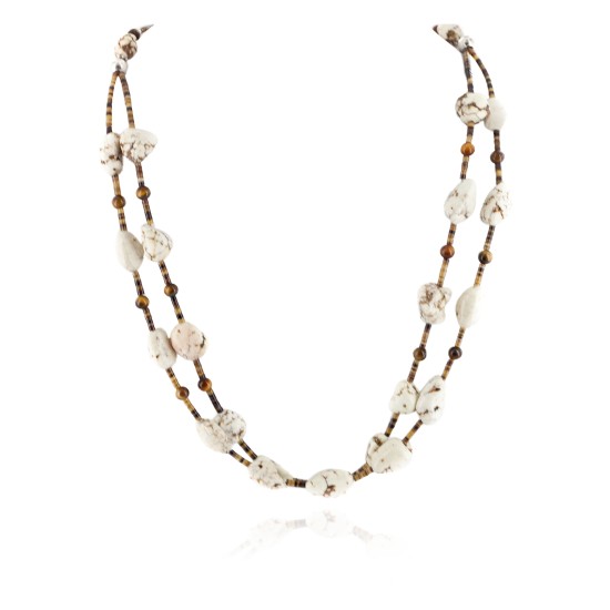 Certified Authentic 2 Strand Navajo .925 Sterling Silver White Howlite Tigers Eye Native American Necklace 17047-3