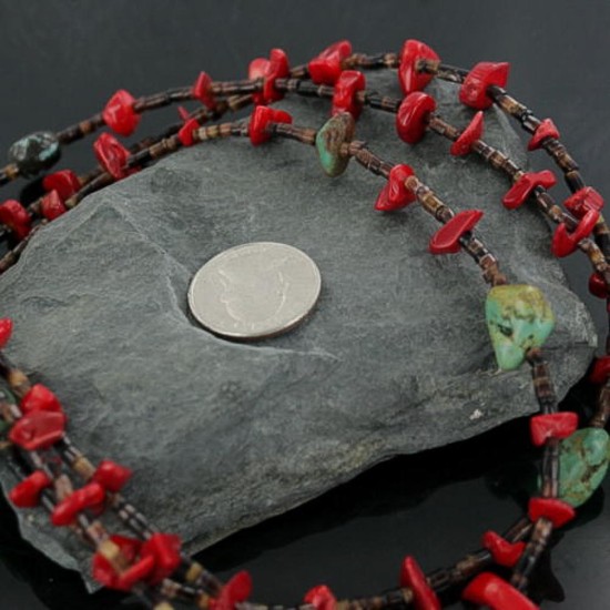 Certified Authentic 3 Strand C. Navajo .925 Sterling Silver Turquoise and Coral Native American Necklace 390673577493