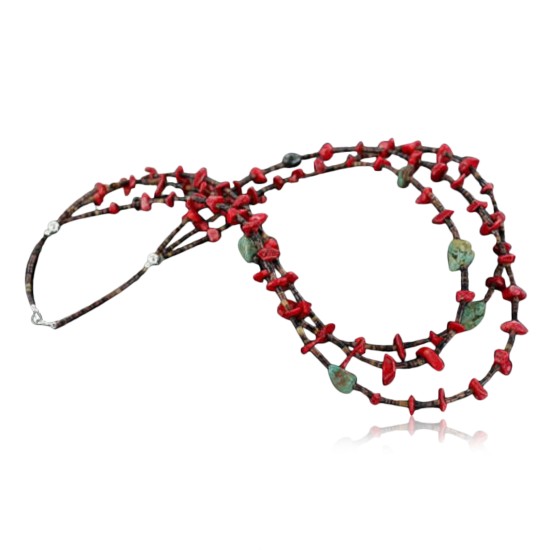 Certified Authentic 3 Strand C. Navajo .925 Sterling Silver Turquoise and Coral Native American Necklace 390673577493