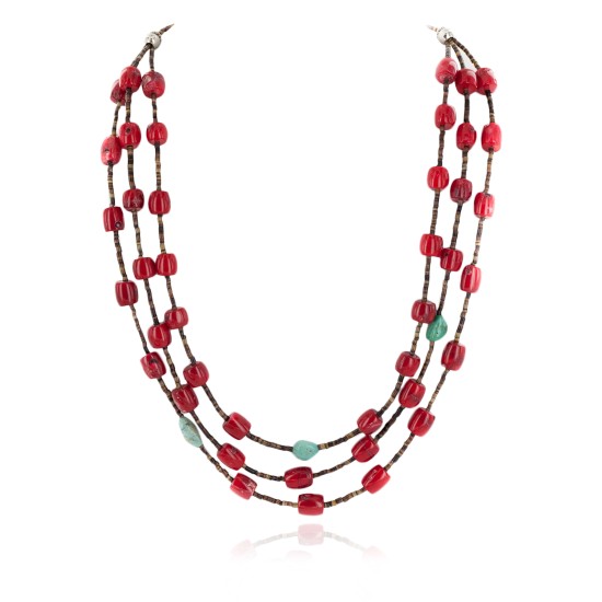 Certified Authentic 3 Strand Navajo .925 Sterling Silver Coral and Natural Turquoise Native American Necklace 15774-3 Certified Authentic 3 Strand Navajo .925 Sterling Silver Coral and Natural Turquoise Native American Necklace 15774-3