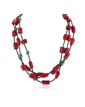 Certified Authentic 3 Strand Navajo .925 Sterling Silver Coral and Natural Turquoise Native American Necklace 25336