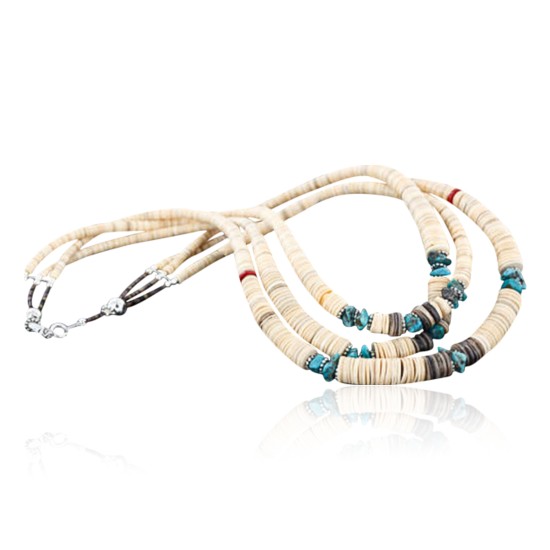Certified Authentic 3 Strand Navajo .925 Sterling Silver Graduated Melon Shell and Turquoise Native American Necklace 370982426357
