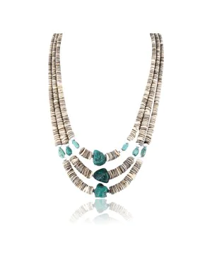 Certified Authentic 3 Strand Navajo .925 Sterling Silver Graduated Melon Shell and Turquoise Native American Necklace 390757191382