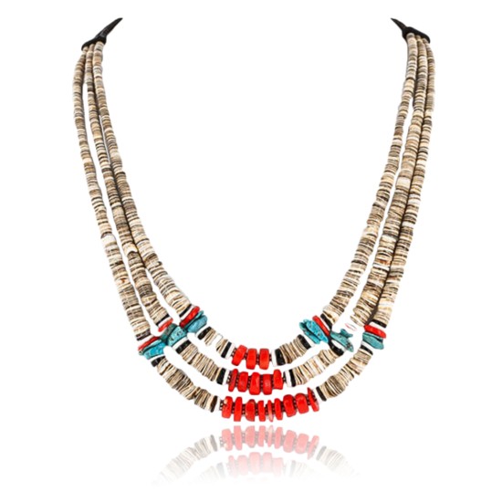 Certified Authentic 3 Strand Navajo .925 Sterling Silver Graduated Melon Shell, Turquoise and Coral Native American Necklace 371065952489