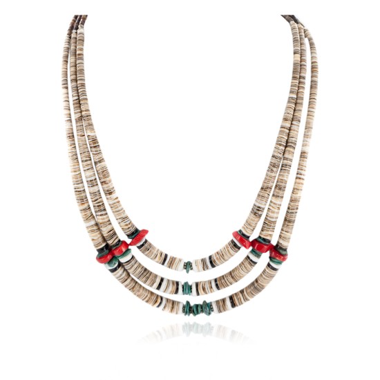 Certified Authentic 3 Strand Navajo .925 Sterling Silver Natural Turquoise Coral Graduated Heishi Native American Necklace 15931-1 Certified Authentic 3 Strand Navajo .925 Sterling Silver Natural Turquoise Coral Graduated Heishi Native American Necklace 15931-1
