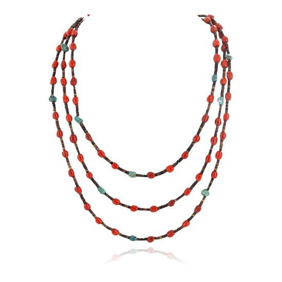 Certified Authentic 3 Strand Navajo .925 Sterling Silver Natural Turquoise Coral Native American Necklace 18110 Certified Authentic 3 Strand Navajo .925 Sterling Silver Natural Turquoise Coral Native American Necklace 18110