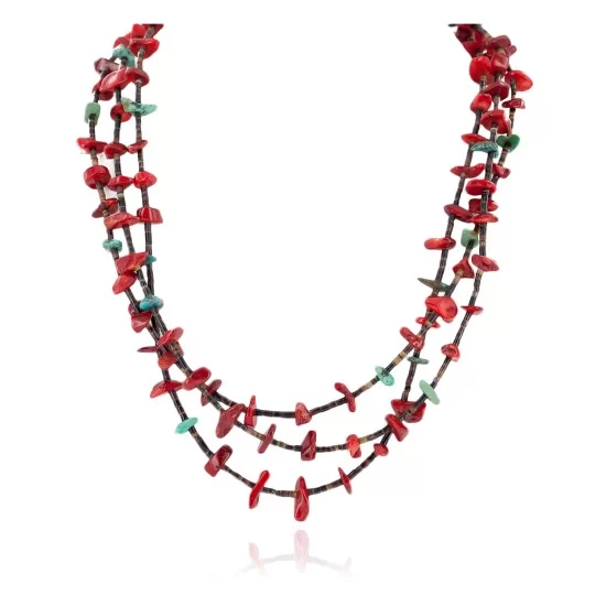 Certified Authentic 3 Strand Navajo .925 Sterling Silver Natural Turquoise Coral Native American Necklace 18117