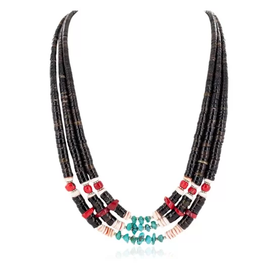 Certified Authentic 3 Strand Navajo .925 Sterling Silver Natural Turquoise Heishi Coral Native American Necklace 16085