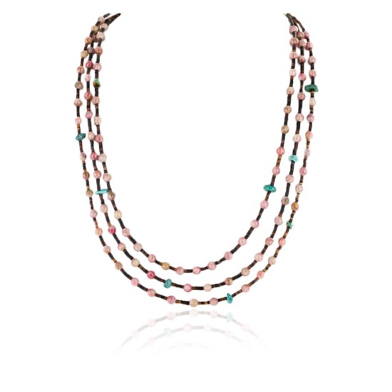 Certified Authentic 3 Strand Navajo .925 Sterling Silver Natural Turquoise Pink Agate and Heishi Native American Necklace 25246-4