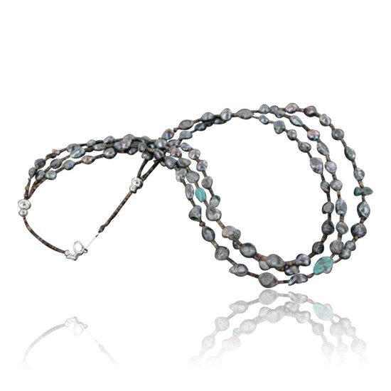 Certified Authentic 3 Strand Navajo .925 Sterling Silver Turquoise and Abalone Native American Necklace 24170-14