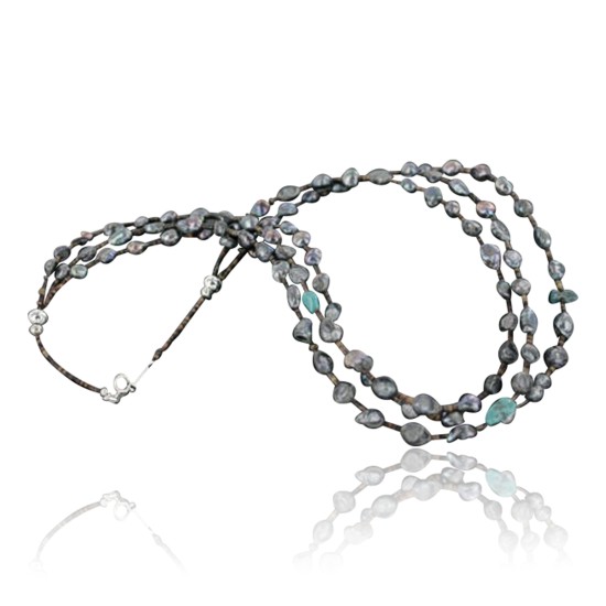 Certified Authentic 3 Strand Navajo .925 Sterling Silver Turquoise and Abalone Native American Necklace 24170-14 Certified Authentic 3 Strand Navajo .925 Sterling Silver Turquoise and Abalone Native American Necklace 24170-14
