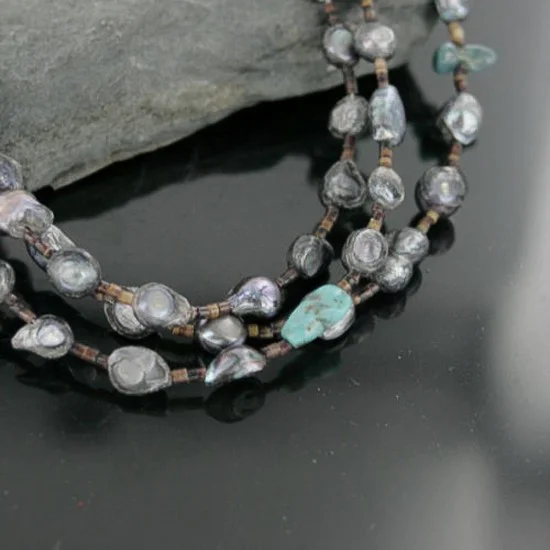 Certified Authentic 3 Strand Navajo .925 Sterling Silver Turquoise and Abalone Native American Necklace 24170-14