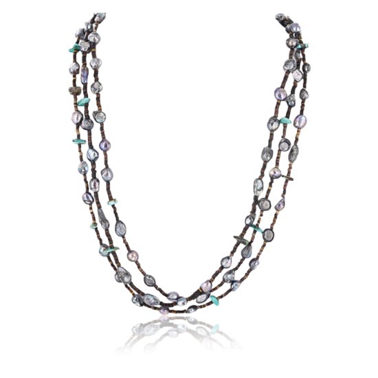 Certified Authentic 3 Strand Navajo .925 Sterling Silver Turquoise and Abalone Native American Necklace 371034284331
