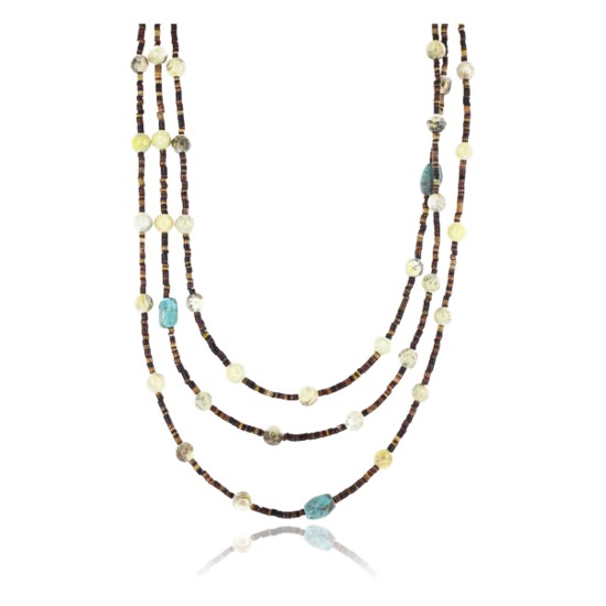 Certified Authentic 3 Strand Navajo .925 Sterling Silver Turquoise and Agate Native American Necklace 18108-3