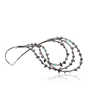 Certified Authentic 3 Strand Navajo .925 Sterling Silver Turquoise and Amethyst Native American Necklace 1530-34