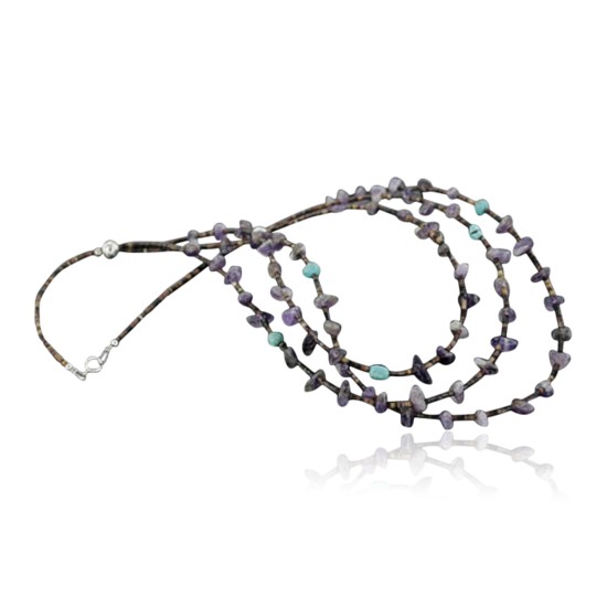Certified Authentic 3 Strand Navajo .925 Sterling Silver Turquoise and Amethyst Native American Necklace 1530-34