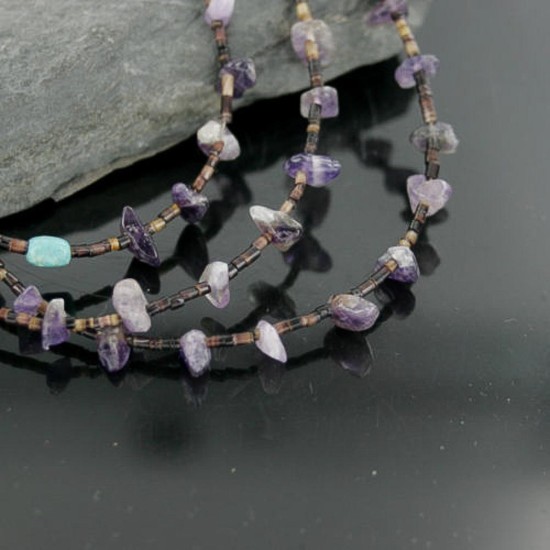 Certified Authentic 3 Strand Navajo .925 Sterling Silver Turquoise and Amethyst Native American Necklace 1530-34