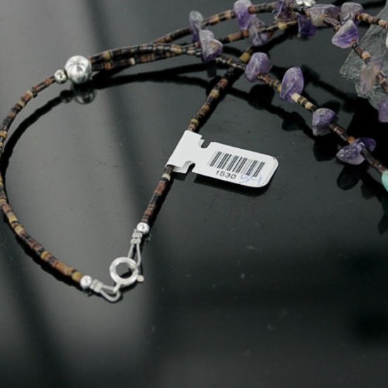 Certified Authentic 3 Strand Navajo .925 Sterling Silver Turquoise and Amethyst Native American Necklace 1530-34