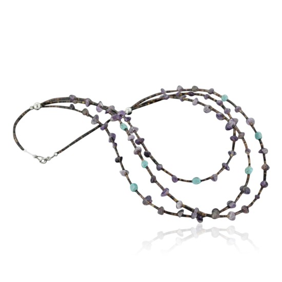 Certified Authentic 3 Strand Navajo .925 Sterling Silver Turquoise and Amethyst Native American Necklace 15585-7