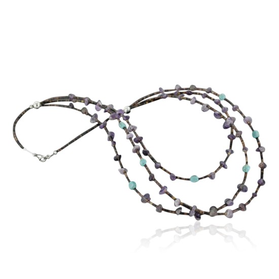 3 Strand Navajo .925 Sterling Silver Turquoise and Amethyst Necklace 15585-7