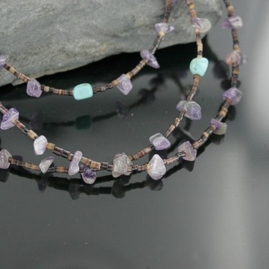 3 Strand Navajo .925 Sterling Silver Turquoise and Amethyst Necklace 15585-7