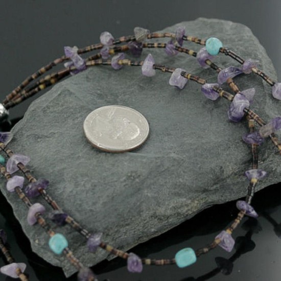 3 Strand Navajo .925 Sterling Silver Turquoise and Amethyst Necklace 15585-7