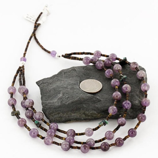 Certified Authentic 3 Strand Navajo .925 Sterling Silver Turquoise and Amethyst Native American Necklace 390748249766