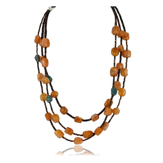 Certified Authentic 3 Strand Navajo .925 Sterling Silver Turquoise and Carnelian Native American Necklace 15778-21