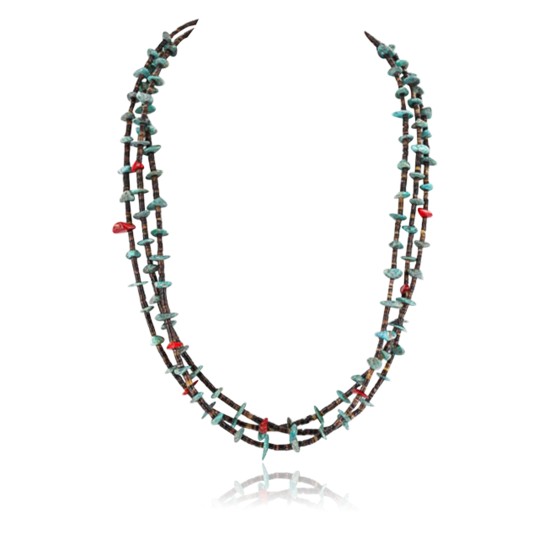Certified Authentic 3 Strand Navajo .925 Sterling Silver Turquoise and Coral Native American Necklace 15649-22-0 Certified Authentic 3 Strand Navajo .925 Sterling Silver Turquoise and Coral Native American Necklace 15649-22-0