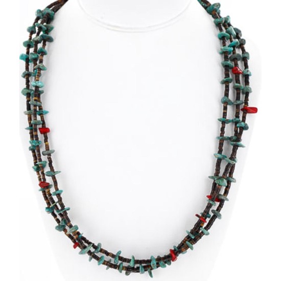 Certified Authentic 3 Strand Navajo .925 Sterling Silver Turquoise and Coral Native American Necklace 15649-22 Certified Authentic 3 Strand Navajo .925 Sterling Silver Turquoise and Coral Native American Necklace 15649-22