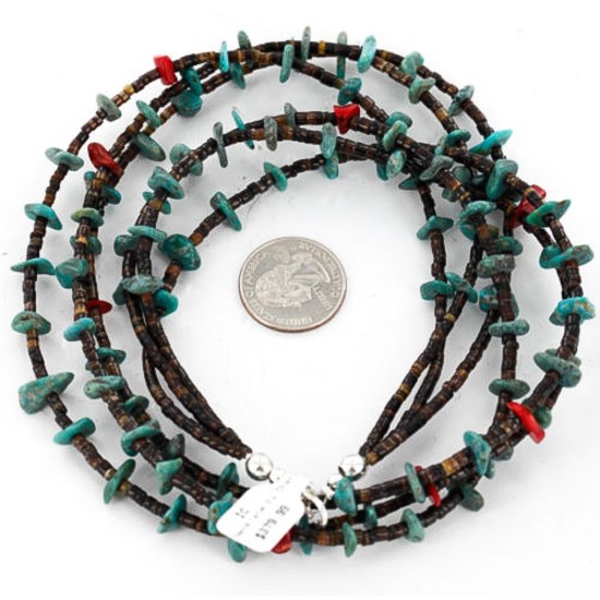 Certified Authentic 3 Strand Navajo .925 Sterling Silver Turquoise and Coral Native American Necklace 15649-22 Certified Authentic 3 Strand Navajo .925 Sterling Silver Turquoise and Coral Native American Necklace 15649-22