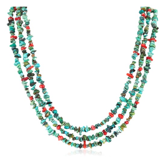 Certified Authentic 3 Strand Navajo .925 Sterling Silver Turquoise and Coral Native American Necklace 15996