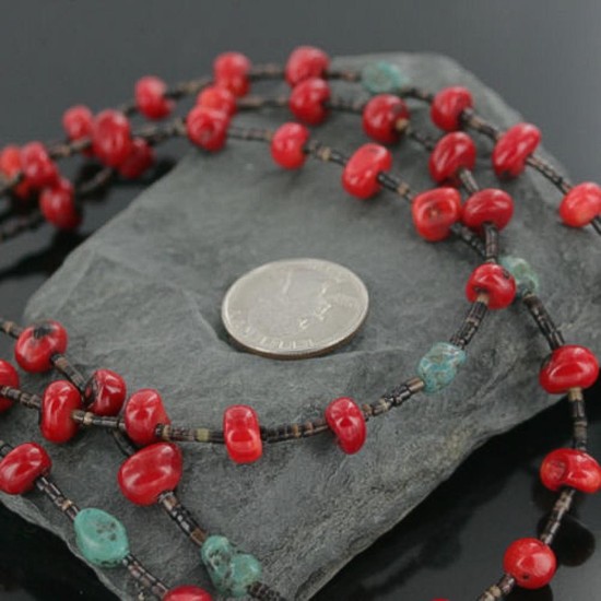 Certified Authentic 3 Strand Navajo .925 Sterling Silver Turquoise and Coral Native American Necklace 370922260920