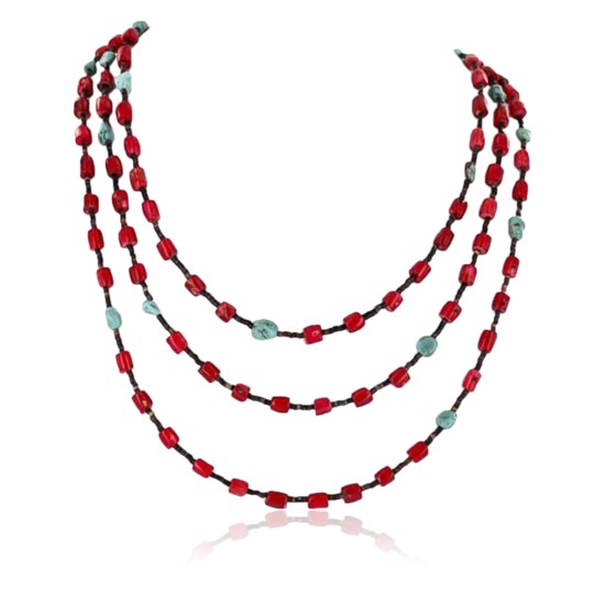 Certified Authentic 3 Strand Navajo .925 Sterling Silver Turquoise and Coral Native American Necklace 371054082689