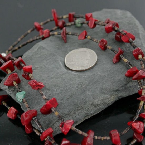 Certified Authentic 3 Strand Navajo .925 Sterling Silver Turquoise and Coral Native American Necklace 371322600344