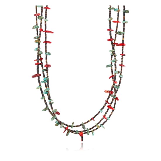 Certified Authentic 3 Strand Navajo .925 Sterling Silver Turquoise and Coral Native American Necklace 390779865215