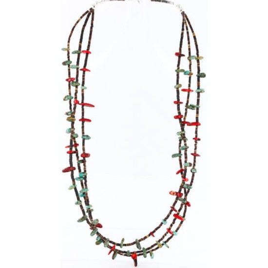 Certified Authentic 3 Strand Navajo .925 Sterling Silver Turquoise and Coral Native American Necklace 390779865215