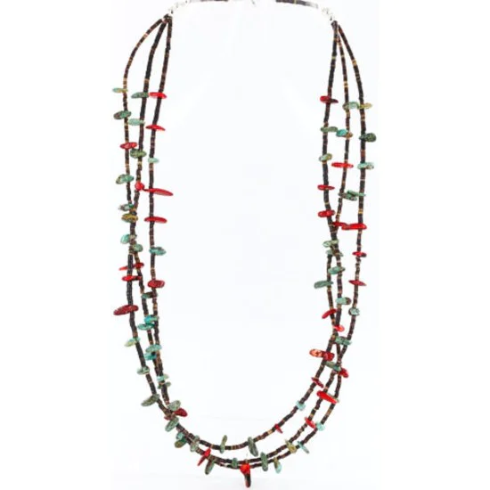 Certified Authentic 3 Strand Navajo .925 Sterling Silver Turquoise and Coral Native American Necklace 390779865215