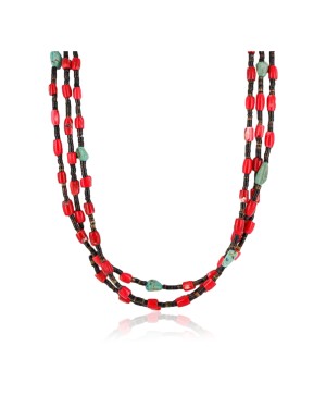 Certified Authentic 3 Strand Navajo .925 Sterling Silver Turquoise and Coral Native American Necklace 390832529281