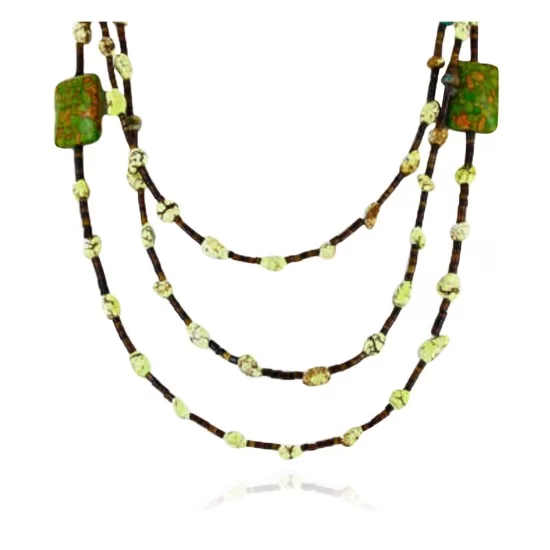 Certified Authentic 3 Strand Navajo .925 Sterling Silver Turquoise and Gaspeite Native American Necklace 15835-15