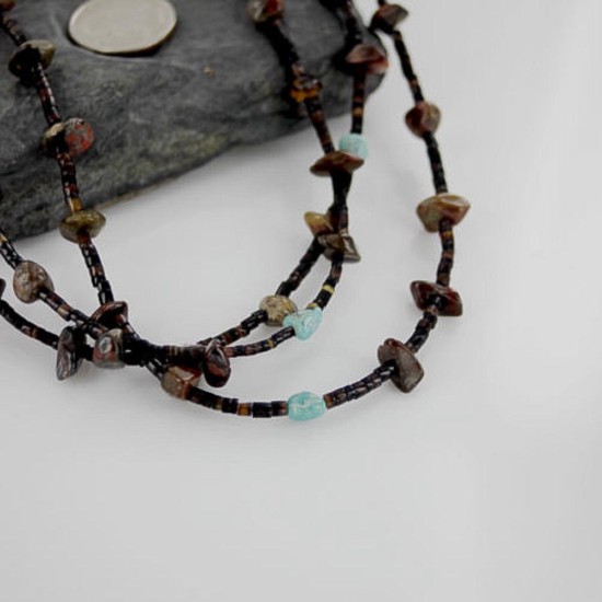 Certified Authentic 3 Strand Navajo .925 Sterling Silver Turquoise and Jasper Native American Necklace 15297-11 Certified Authentic 3 Strand Navajo .925 Sterling Silver Turquoise and Jasper Native American Necklace 15297-11