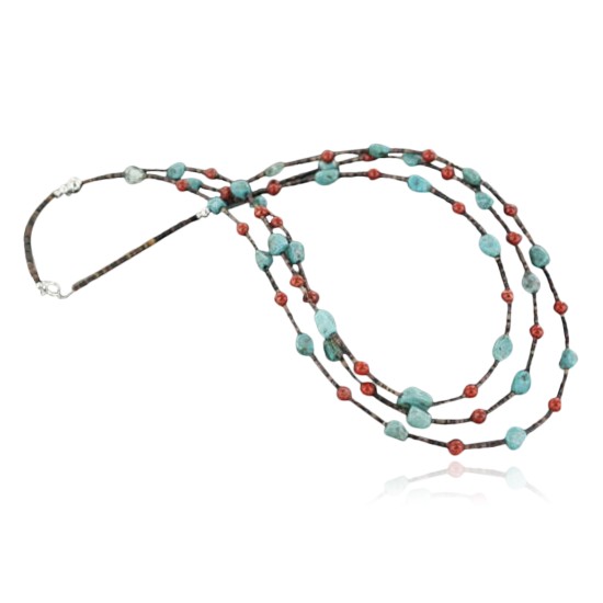 Certified Authentic 3 Strand Navajo .925 Sterling Silver Turquoise and Jasper Native American Necklace 15585-4