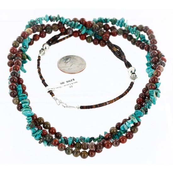 Certified Authentic 3 Strand Navajo .925 Sterling Silver Turquoise and Jasper Native American Necklace 15961
