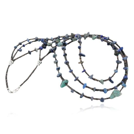 Certified Authentic 3 Strand Navajo .925 Sterling Silver Turquoise and Lapis 1064 Native American Necklace 750106-4